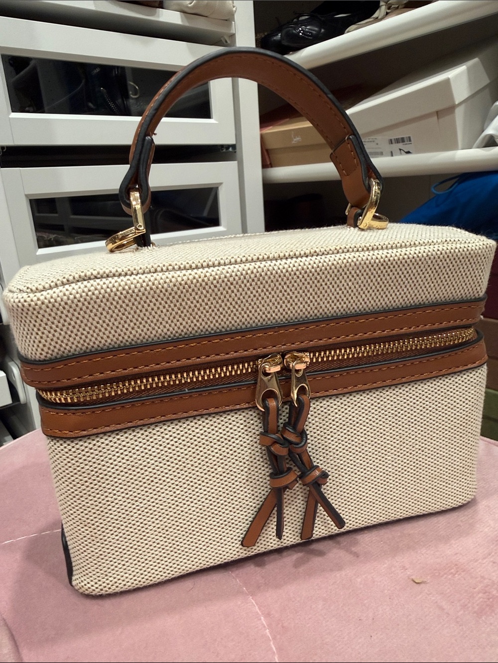Canvas Tan & Brown Vanity Bag